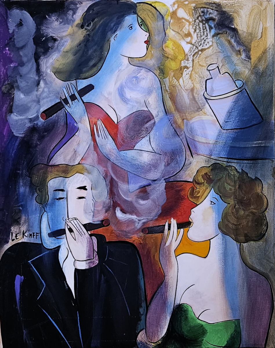 Fumeuses de cigares et un type - Acrylique sur toile par Linda Le Kinff