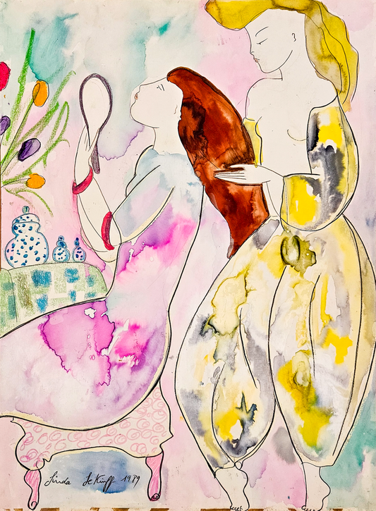 Femmes au miroir - Aquarelle et pastels, par Linda Le Kinff